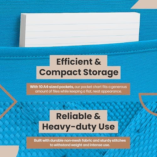 Hippo Creation Storage Pocket Chart for Classroom, 10 Pocket Storage Organizer with 3 Over-Door Hangers, Hanging Wall Organizer for File Folders, School Mailbox, Home Office Papers - Clear Blue