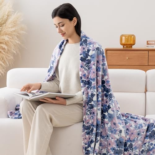Luxury Printed Fleece Warm Throw Blanket, Soft Lightweight Velvety Plush Throw for Couch and Bed, Cozy Comfy for All Seasons(White Purple Flowers, 50×70 Inches)