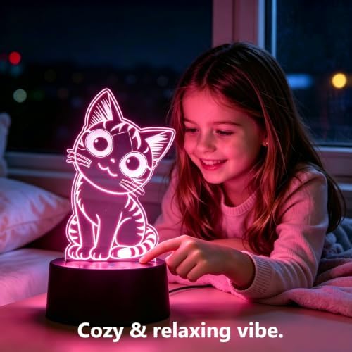Cat Night Light Remote Control, Kitty Cute 3D Illusion RGB, Touch Bedside Lamp, Gifts for Kids Birthday, Bedroom Decor, Kids Room, Baby Nursery
