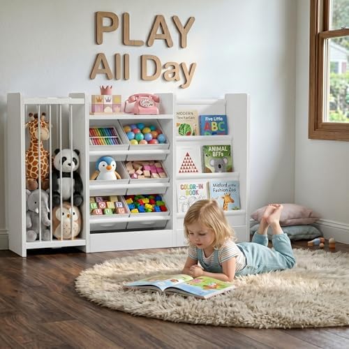 BOLUO Kids Toy Storage Organizer with Bookshelf, 3-in-1 Kid Book and Toy Storage Holder Shelves for Baby Toddler Playroom Living Room White