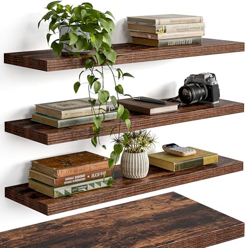 YUFLINX 23’’Rustic Brown Floating Shelves for Wall,Rustic Wood Shelf for Room Decor/Storage/Display,Small Bookshelf,Wall Mounted Hanging Shelves for Bedroom, Bathroom, Living Room, Kitchen,Set of 4