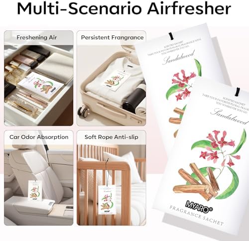 MYARO 12 Pack Sandalwood Scented Sachets, Closet Deodorizer Car Freshener