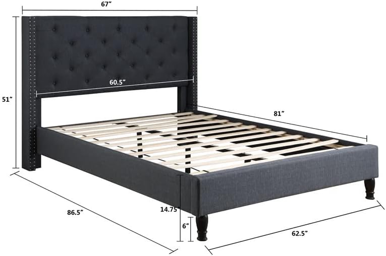 King Upholstered Platform Bed Frame with 51" Tall Headboard - Button Tufted Cloth Bed - Wood Slat Support with Storage Space - No Box Spring Needed - Easy Assembly - Blue - Oliver & Smith - Astor