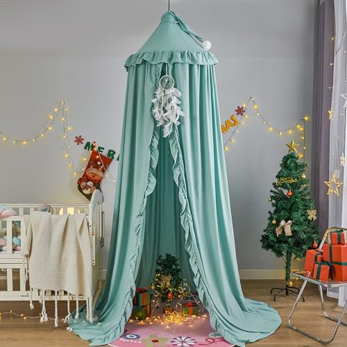 VETHIN Bed Canopy for Girls,Princess Round Dome Dreamy Mosquito Net Bedding Girls Room Castle Play Tent Hanging House Decor Reading Nook Canopies (Green)