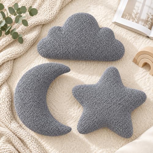 3 Pack Cloud Moon Star Shaped Throw Pillows 16 Inch Gray Plush Pillow Set