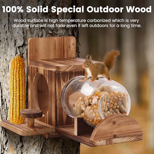 Squirrel Feeder, Wood Squirrel House, Squirrel Feeders for Outside Garden Tree, Chipmunk Feeder for Corn Peanuts, Removable Storage Bottle, 2 Stable Squirrel Stools