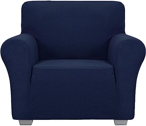 JIVINER Super Stretch Chair Slipcovers with Arms 1-Piece Jacquard Small Checks Living Room Armchair Covers Soft Anti Slip Sofa Couch Furniture Protector for Kids Pets (Navy Blue, Chair)