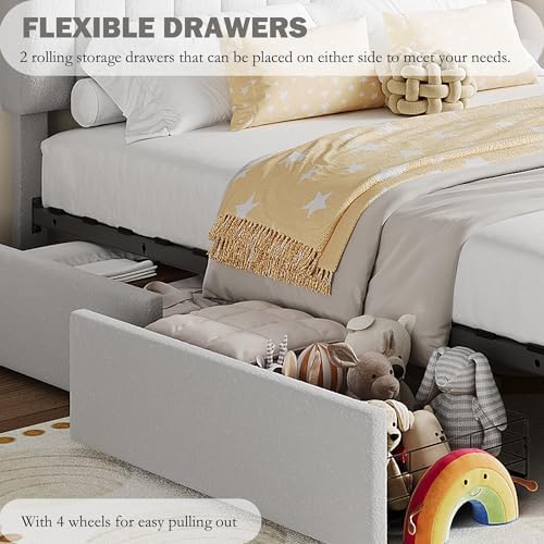 IDEALHOUSE Queen Bed Frame with 2 Flexible Drawers and Bookcase Headboard, Boucle Upholstered Platform Bed for Boys/Girls, Noise-Free, Easy Assembly, No Box Spring Needed, Gray