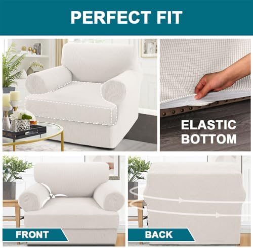 Turquoize T Cushion Chair Slipcover Armchair Slipcover for Living Room Stretch Sofa Couch Cover Soft Armchair Cover Furniture Covers with Individual T Cushion Seat Covers (Chair, Ivory)