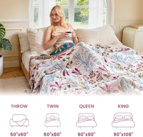 MSGKV Boho Throw Blanket 60"x80" 100% Cotton Floral Blanket for Couch Bed