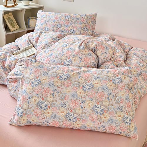 Floral King Duvet Cover Set Muslin Patterned Comforter Cover King Size Cotton Double Gauze Cozy Boho Duvet Cover Set with Zipper Lightweight Girls Bedding Set Vintage Duvet Protector