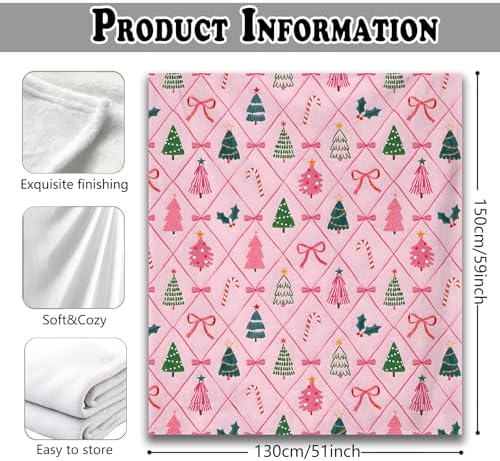 Coquette Pink Bow Christmas Throw Blanket for Couch, Preppy Christmas Decor, Pink Girly Xmas Tree Candy Cane Throw Blanket for Girls Bedroom Living Room Decoration, 50x60 Inches