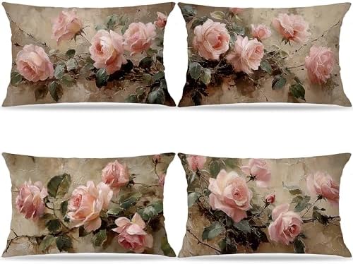 Vintage Pink Rose Floral Throw Pillow Covers Decor 12x20, Shabby Chic Rustic Cottagecore Decorative Rectangle Throw Pillow Covers, Gifts for Room Couch Double-Sided Set of 4