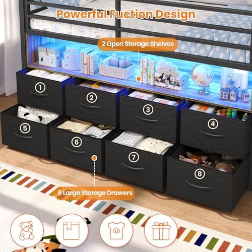 Low Loft Bed Twin Size with 8 Storage Drawers, LED House Loft Bed