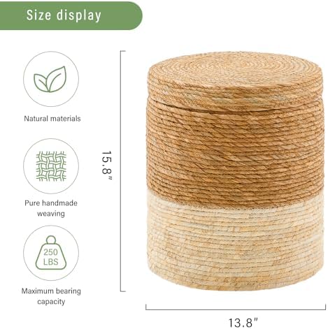 14" Natural Grass Round Storage Pouf Ottoman Handwoven Pouffe Rattan Stool