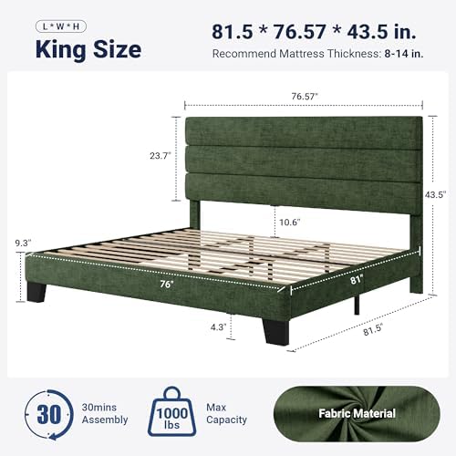 Allewie King Size Platform Bed Frame with Velvet Upholstered Headboard and Wooden Slats Support, Fully Upholstered Mattress Foundation/No Box Spring Needed/Easy Assembly, Green