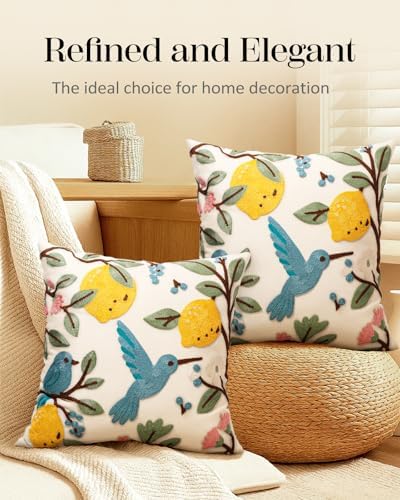 Embroidered Throw Pillow Covers 18x18 Inch, 2Pack, Bird Lemon