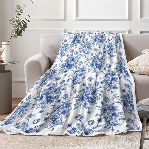 Blue Floral Throw Blanket, Botanical Floral Blanket, Soft, Flannel, Warm, Boho Floral Aesthetic Bed Blanket All Season Floral Throw Blanket for Couch Bedroom Living Room 60X70 Inch