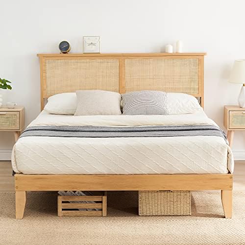 coucheta Bohemian King Rattan Bed LED Natural Headboard Bedroom