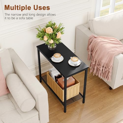 Hoctieon 2 Tier End Table, Sofa Side Table, Narrow Side Table with Storage, Slim Nightstand for Small Spaces, Metal Frame, for Living Room, Bedroom, Sofa Couch, Hall, Black