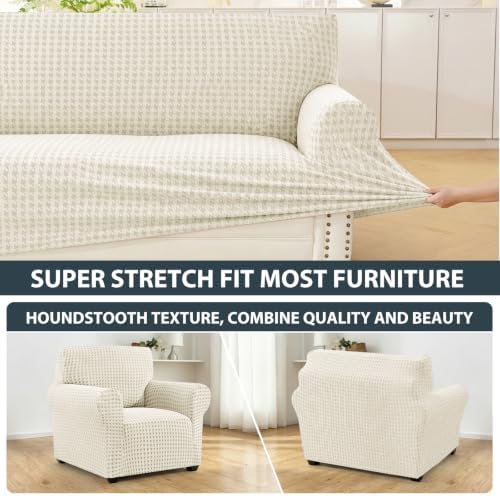 ZNSAYOTX 1 Piece Stretch Chair Slipcover with Arms (34"-44") New-Houndstooth Texture, Thick Armchair Covers for Living Room Universal Chair Slip Cover with Elastic Bottom & Buckle, Beige