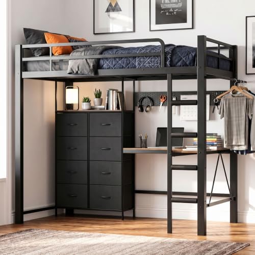 Twin Metal Loft Bed with Desk and 8 Large Fabric Drawers, Heavy Duty, Black