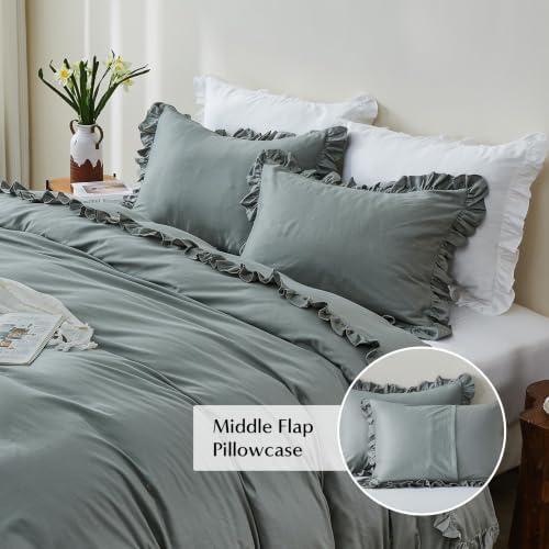 Simple&Opulence Kids 100% Organic Cotton Duvet Cover with Ruffle 78 x 86-3 PCS High End Floral Frill Lace Bedding, Romantic Cottagecore Style Comforter Cover with 2 Pillowcases, Gray Full