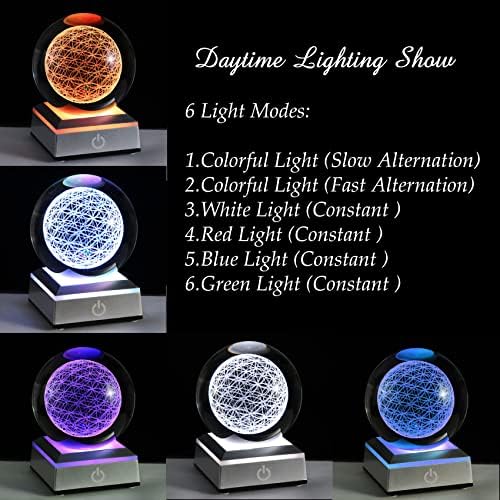 Flower of Life Crystal Sphere with Led Colorful Lighting Touch Base, Sacred Geometry Crystal Ball Starlight Magic, Feng Shui Decor Laser Engraved Seek of Flower Inside A Sphere