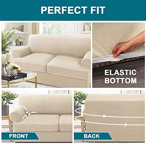 Turquoize 3 Piece T Cushion Loveseat Slipcovers Sofa Cover for 2 Cushion Couch Cover Washable Slipcover Furniture Covers with 2 Individual T Cushion Seat Covers (2 Cushion Loveseat, Biscotti Beige)