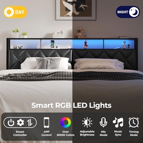 Headboard Full Size with Storage, Charging Station & Lights, Black