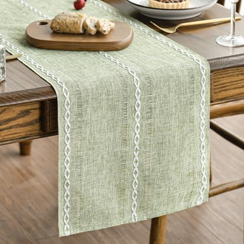 Artoid Mode Sage Green Rustic Cotton Linen Table Runner, Seasonal Embroidered Hollow Kitchen Dining Table Decoration for Home Party Decor 13x60 Inch
