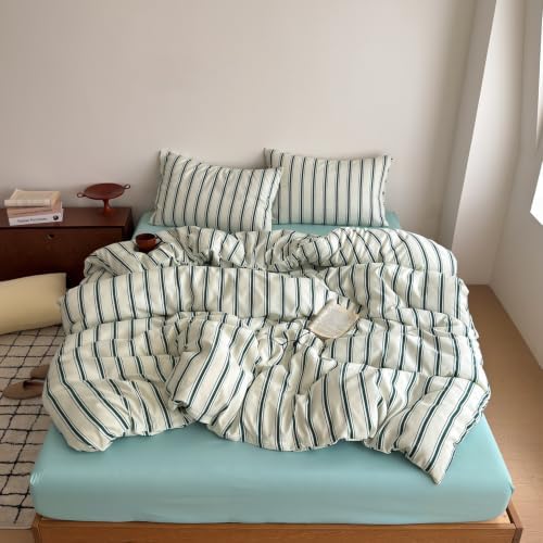 mixinni Retro Green Striped Duvet Cover Set Full Size – Mid Century Vintage Bedding Set, 3 Piece Washed Microfiber Soft Comforter Cover with Zipper & Corner Ties, (1 Duvet Cover + 2 Pillowcases)