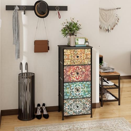 GiftGo Retro Dresser with Fabric Drawers Boho Mandala Flower Chest of Drawers Narrow Storage Tower for Small Spaces Gaps Bedroom Beautiful Nightstand Living Room Table (Mandala, 4 Drawers)