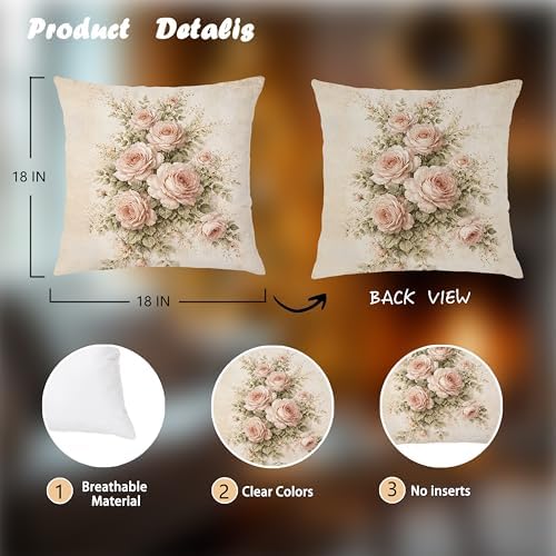 Vintage Pink Rose Floral Pillow Cover 18x18 Double-Sided Set of 4, French Country Decor, Pink Flower Throw Pillow Cover Case for Home Bedroom Living Room