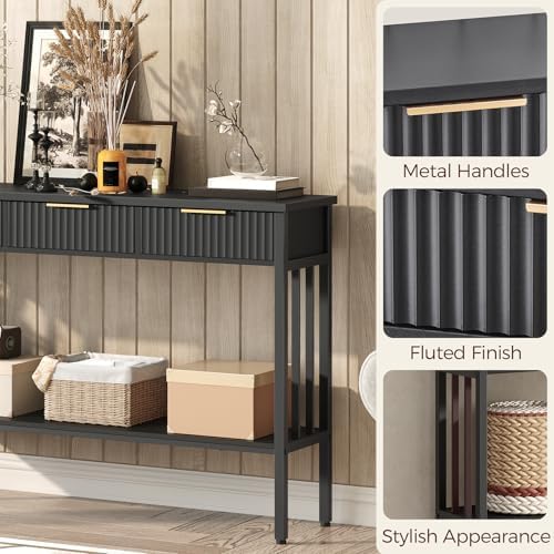 MAHANCRIS 47.2" Console Table with 3 Drawers, Fluted Black Entryway Table