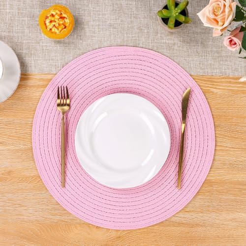 SHACOS Pink 15 inch Round Braided Placemats Set of 4 Washable Non Slip