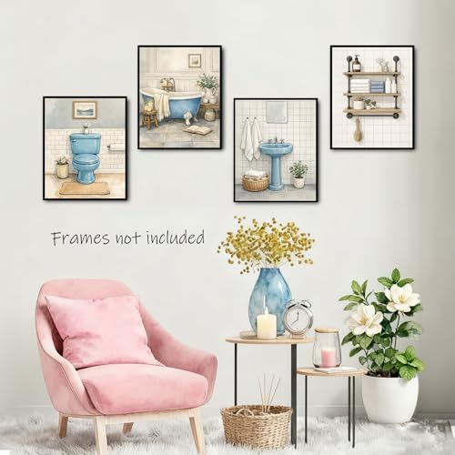 Noaleviax Blue Bathroom Posters Set - Rustic Watercolor Boho Wall Decor, Cuadros Para Baños, Vintage Bathroom Pictures Wall Art for Restroom Decor, 8x10 Unframed, Set of 4