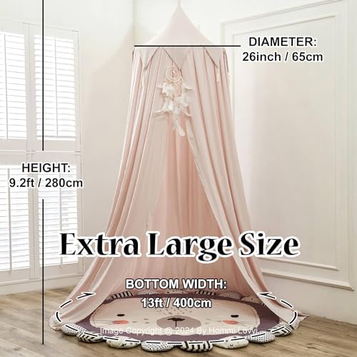 Hommi Lovvi Princess Bed Canopy for Girls, Dreamy Tassels Ceiling Canopy Net Kids Room Decor Soft Nursery Crib Canopy Reading Nook, Large Children Canopies Full Queen Size with Lights - Light Pink
