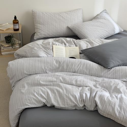 Vintage Gray Striped Duvet Cover Twin XL 3Pcs Retro Textured Bedding Set