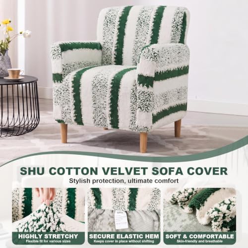 Striped Sherpa Armchair Slipcover, Stretch Plush Pet Friendly Accent Chair Cover with Elastic Bottom, Machine Washable Furniture Protector for Small Banquet Armchair