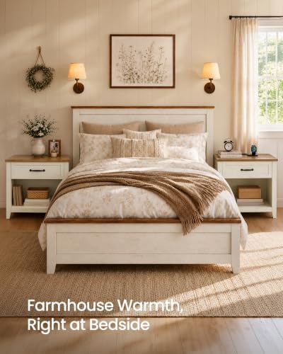 VASAGLE 23.6 inch Farmhouse Nightstands Set 2, Charging Station, 1 Drawer