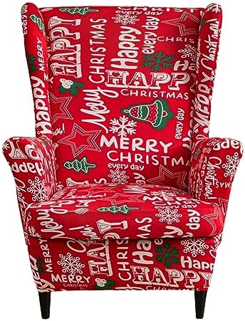 HAOYONG Christmas Stretch Wingback Chair Cover 2 Pieces Wing Chair Slipcover Printed Wingback Armhair Slipcover Wingback Washable Sofa Covers Christmas Decoration Furniture Protector for Armchair