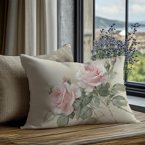 French Country Pink Rose Floral Pillow Cover 12x20 Double-Sided, Vintage Pink Flower Decorative Lumbar Throw Pillow Cover for Home Bedroom Living Room
