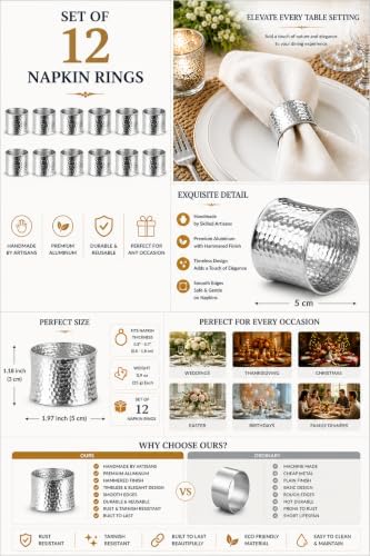 ITOS365 Handmade Round Hammered Silver Napkin Rings Holder for Dinning Table Parties Everyday, Set of 12