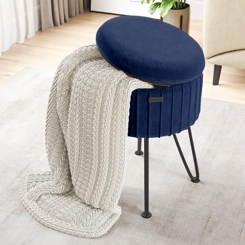 Round Ottoman with Storage, Pleated Velvet Storage Ottoman, Foot Stool Ottomans, Makeup Vanity Stool, Small Ottomans Foot Rest, Modern Vanity Stools for Living Room and Bedroom, Blue