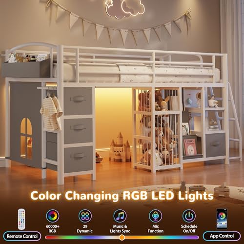 Twin Low Loft Bed, Kids Loft Bed, Storage Drawers, LED Lights, White Gray