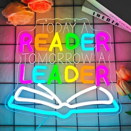 Today A Reader Tomorrow A Leader Neon Sign for Classroom Dimmable Classroom Led Sign Library Light Up Signs Reading Led Wall Decor for School Teacher