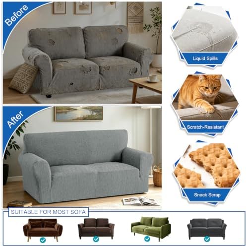 MAXIJIN Waterproof Loveseat Cover Couch Covers (55"-69"), Stretch Love Seat Sofa Slipcovers with Non Slip Elastic Bottom, Dog Pet Friendly Furniture Protector Washable (Medium, Light Gray)