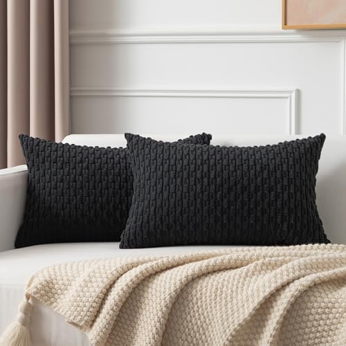 Kevin Textile Soft Corduroy 12"x20" Lumbar Pillow Covers 2 Pack, Black