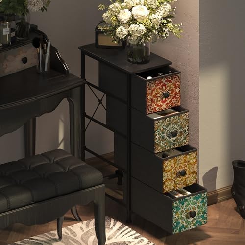 GiftGo Skinny Slim Dresser with Fabric Drawers Thin Boho Mandala Flower Chest of Drawers Narrow Storage Tower for Small Spaces Gaps Bedroom Beautiful Nightstand Living Room Table
